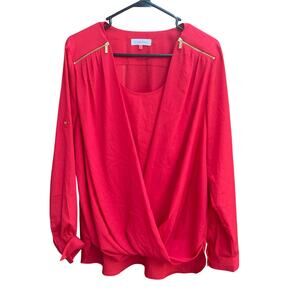 Calvin Klein Womens Size L Red Drape Shirt Blouse Roll Away Sleeves Gold Zippers
